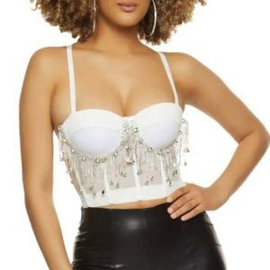 White Rhinestone Fringe Bustier Crop Top